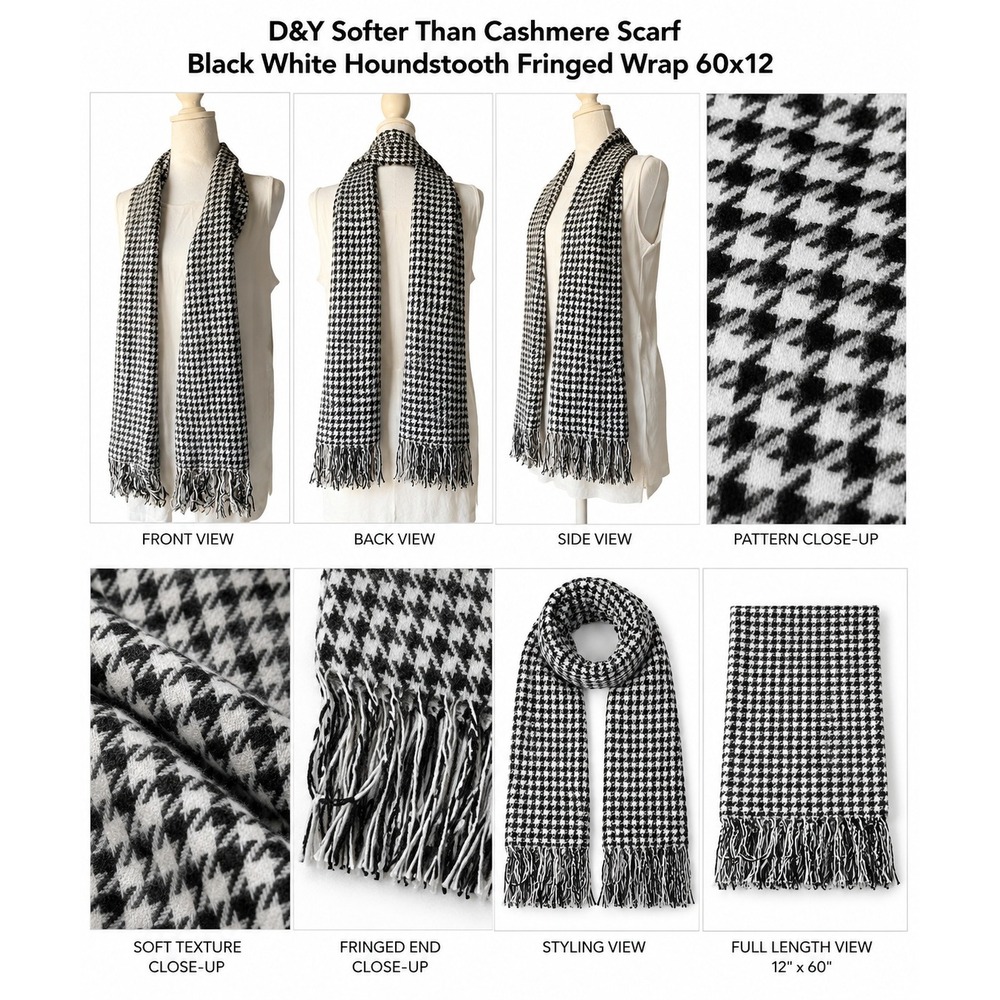 D&Y Softer Than Cashmere Scarf Black White Houndstooth Fringed‎ Wrap 60x12